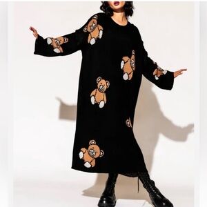 Dressed in LALA Black Knit Maxi Dress with Tan and White Teddy Intarsia